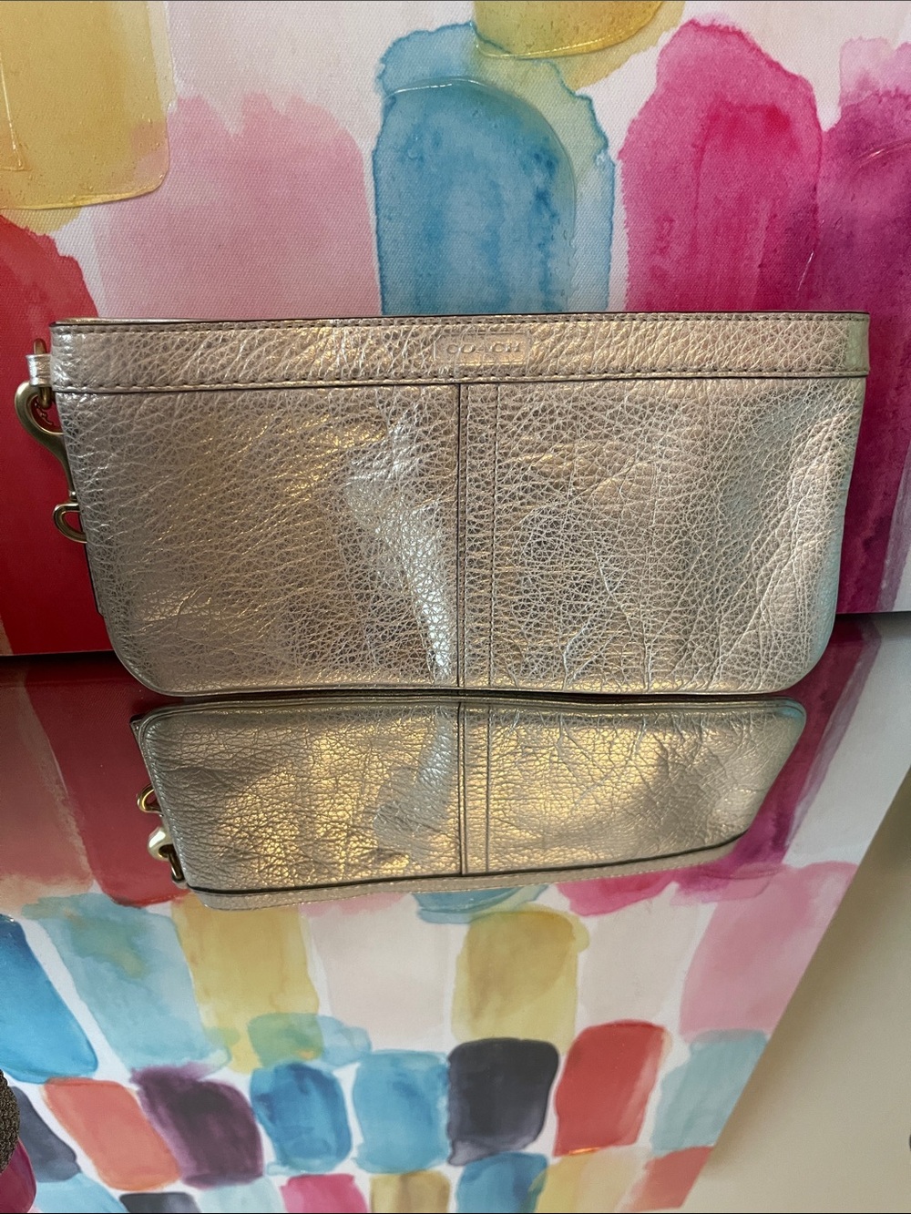 Coach Metallic Silver Leather Wristlet Clutch